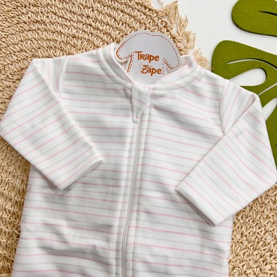 Macacão em Soft com Abertura em Zíper Listrado Rosa e Areia - Off White